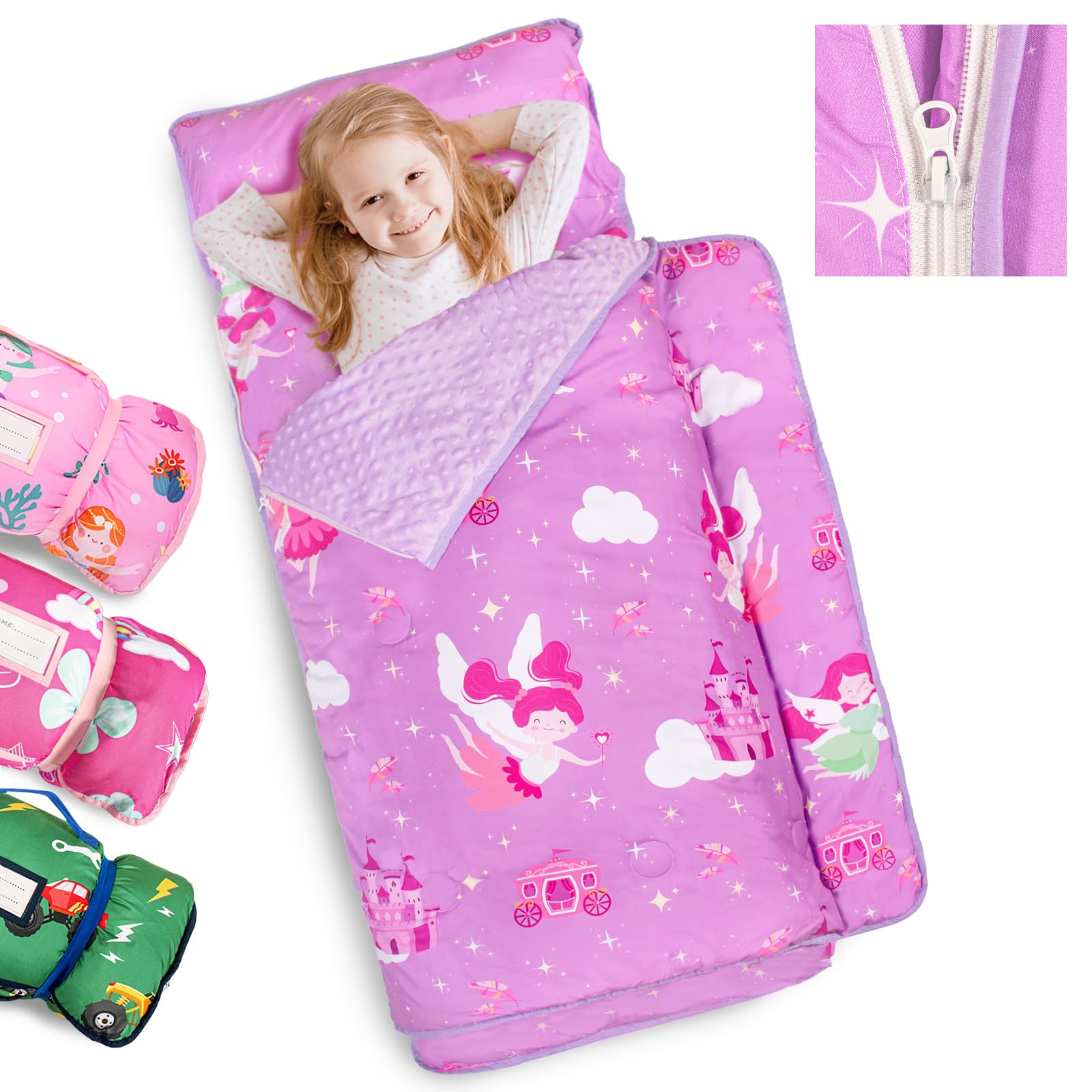 Primlect Toddler Nap Mat Extra Large Thickened 55''x35'', Soft Sleeping Bag with Detachable Minky Blanket and Pillow, Portable for Daycare, Preschool, Kindergarten, Travel, Boys and Girls