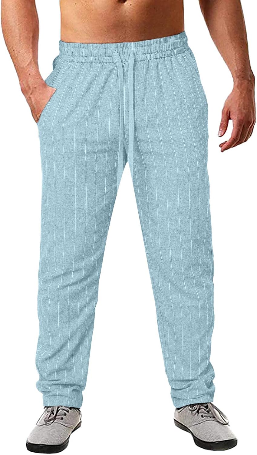 Wankang Men's Casual Linen Pants Striped Elastic Waist Drawstring Yoga Beach Pants Lightweight Loose Fit Pants with Pockets