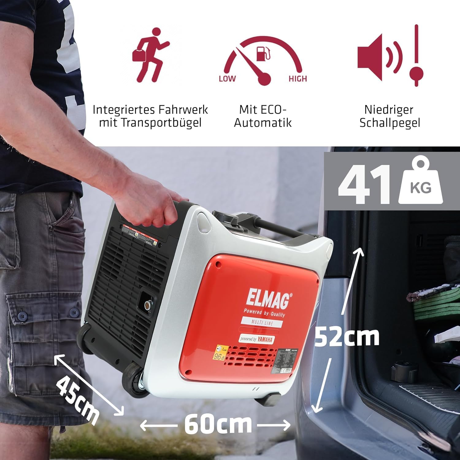 ELMAG Inverter Stromerzeuger SEBSS 2000Wi 1,6 kVA Benzin Stromgenerator mit 4-Takt-Motor, leise & kraftvoll Stromaggregat mit ECO-Modus, 2 x 230V, USB & 12V Für Camping, Outdoor & Notstrom