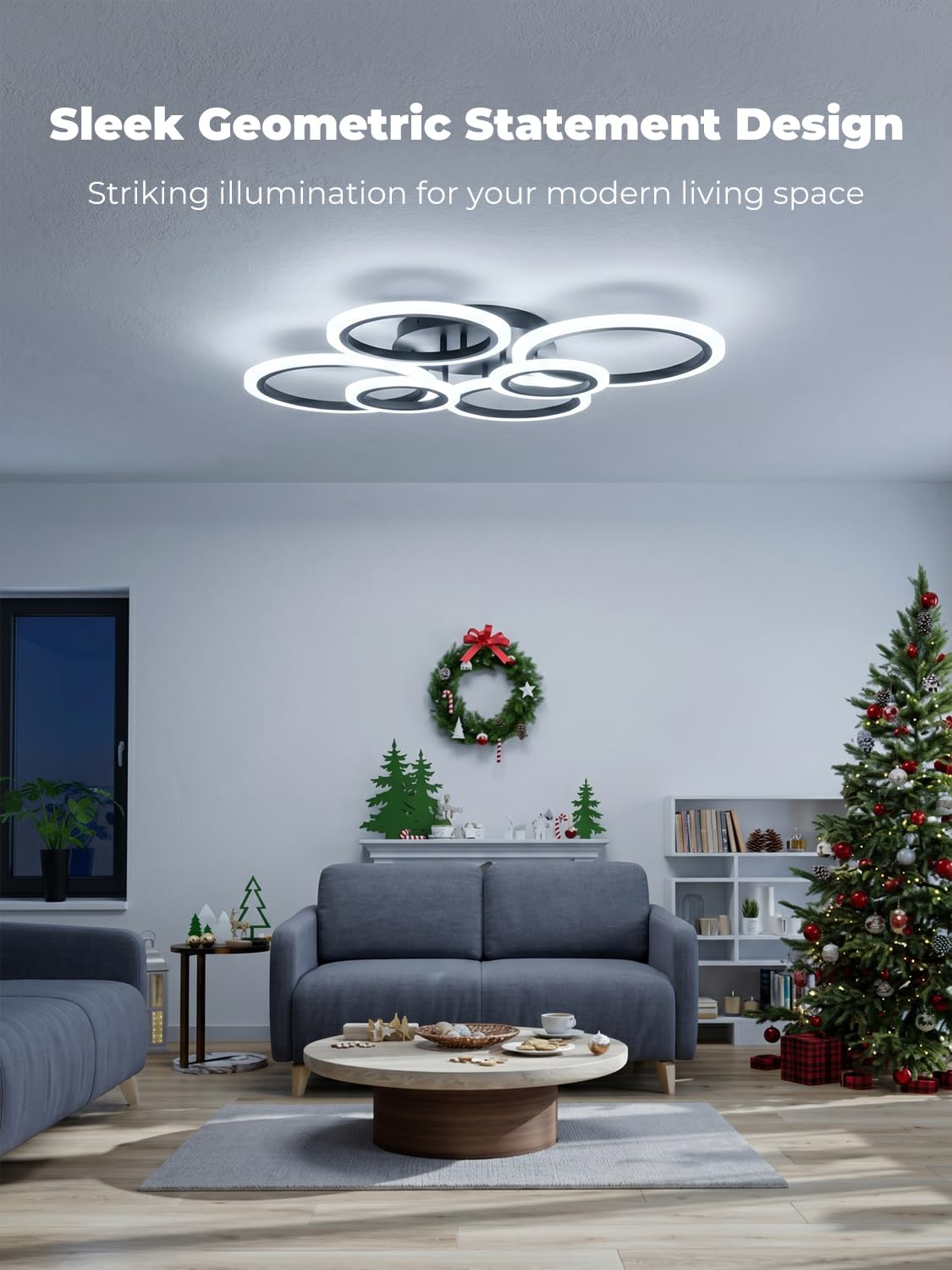Inteligentna lampa sufitowa LED, współpracuje z Alexa i Google Home, ściemniana z regulowaną temperaturą barwową (3000 K-6500 K), nowoczesny design z 6 pierścieniami do salonu, sypialni, czarna