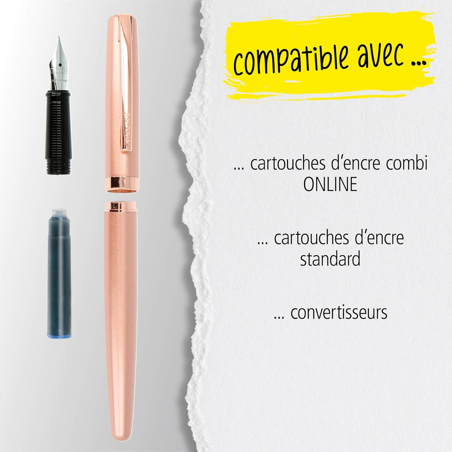Online Eleganza Fountain Pen I Rosegold I Nib Size M I Metal Clip I Includes Ink Cartridge I Fountain-Pen for Standard Ink Cartridges Or Converter I In Gift Box 34565