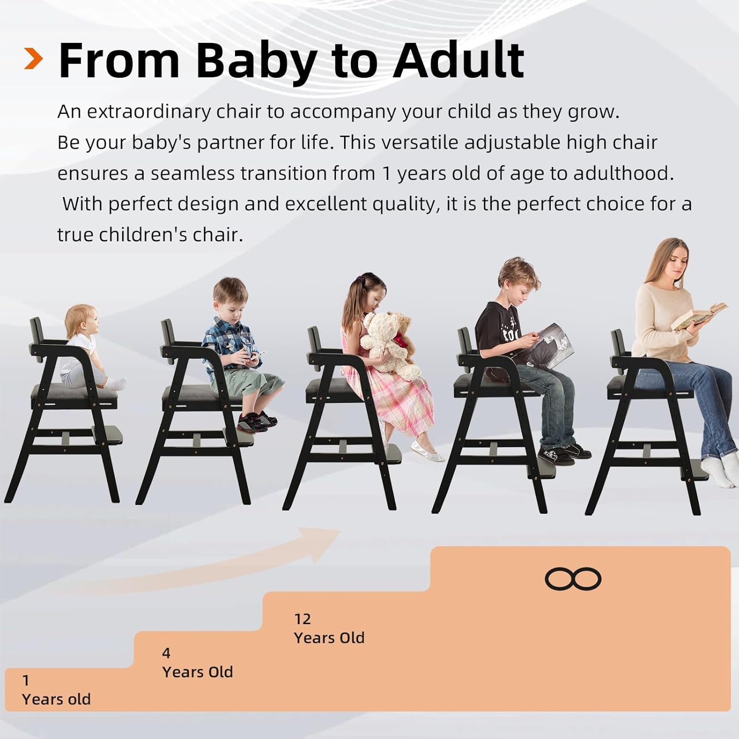 Wooden High Chair for Toddlers and Baby, Adjustable Toddler Dining Chair Grows with Kid, Ergonomic Baby HighChair for Babies, Water Resistant PU Seat Cushion, for Home & Restaurant - Black