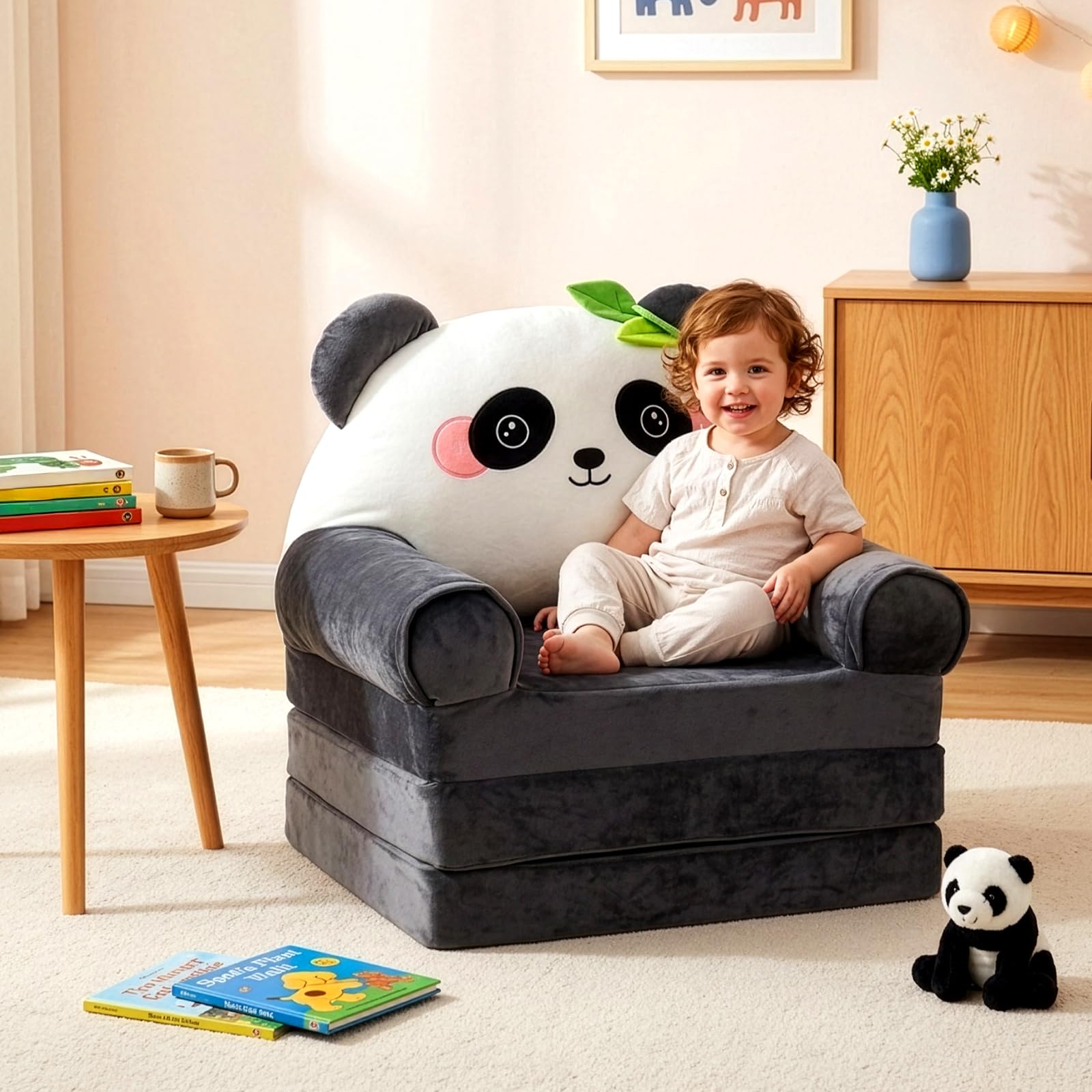 Klappbares Kinder Sofa 3-in-1, Kinder Bodensofa mit hochdichtem 30D Schaumstoff, Faltbares Lazy Sofa mit abnehmbarem Waschbarem Bezug, Platzsparender Sofa Sessel & Schlafsofa (Panda)