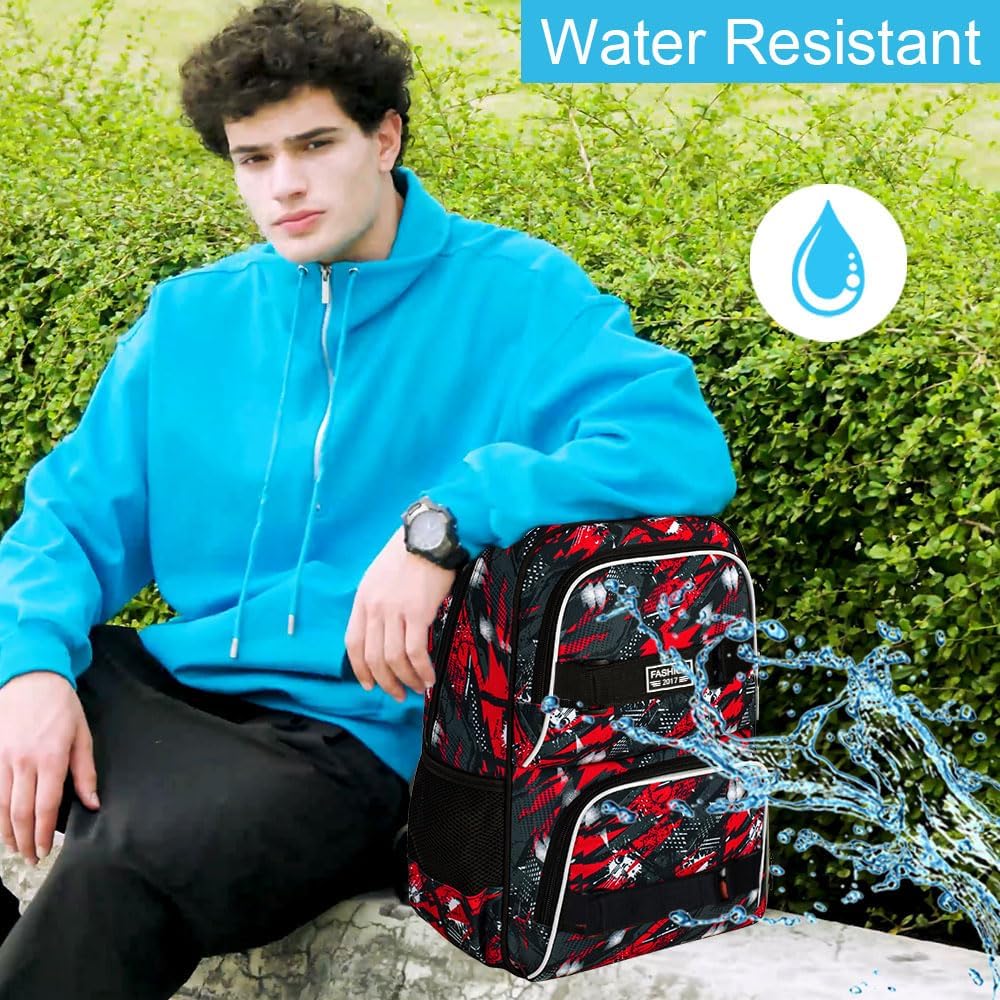 HPJGD 3PCS Backpacks for Boys, 17" Water Resistant Kids Bookbag with Lunch Box, Cute School Bag Set for College Teenagers High Middle Elementary - Graffiti Red