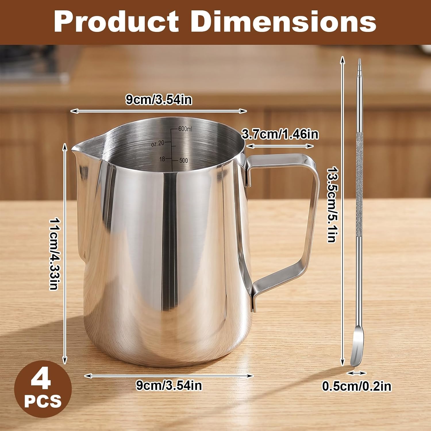 4 Pcs 20oz Stainless Steel Milk Frothing Pitcher Kit with Latte Art Pens