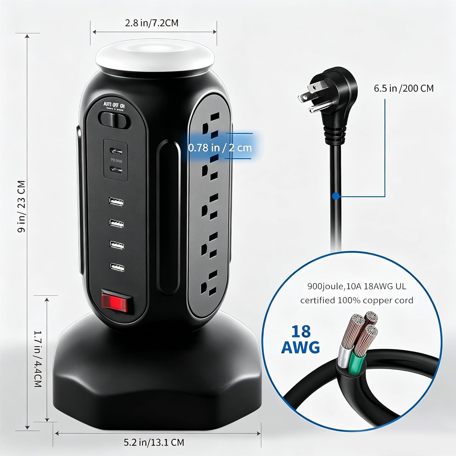 Power Tower with Retractable Cord, Surge Protector Tower with PD 30W USB-C (Single Port 30W/2 Ports 15W Each), 15 AC Outlets, 6.5ft Flat Plug, High-Power Fast Charging Station for Home and Office