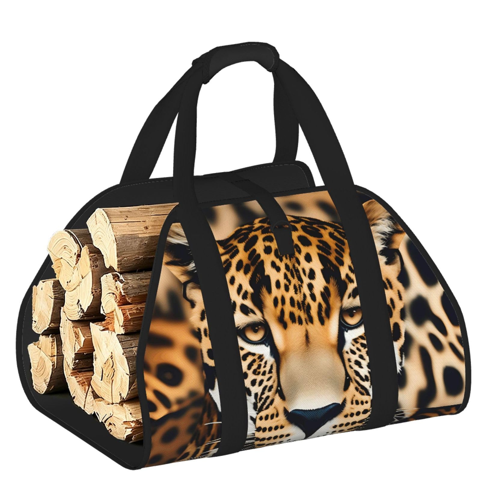 Animal Leopard Printed Firewood Carrier Bag, Log Tote with Open-Ended Design for Camping Outdoor Wood Hauling