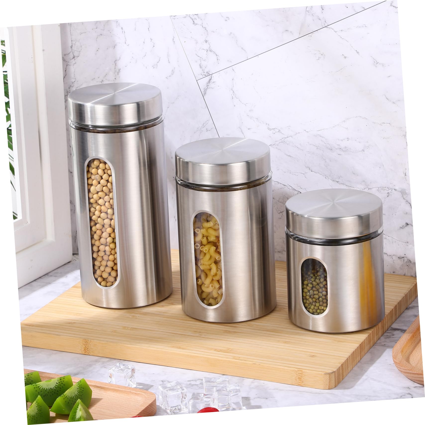 Zerodeko Almacenaje Cocina Tarro De Acero Inoxidable 3 Unidades Transparente Para Granos Especias