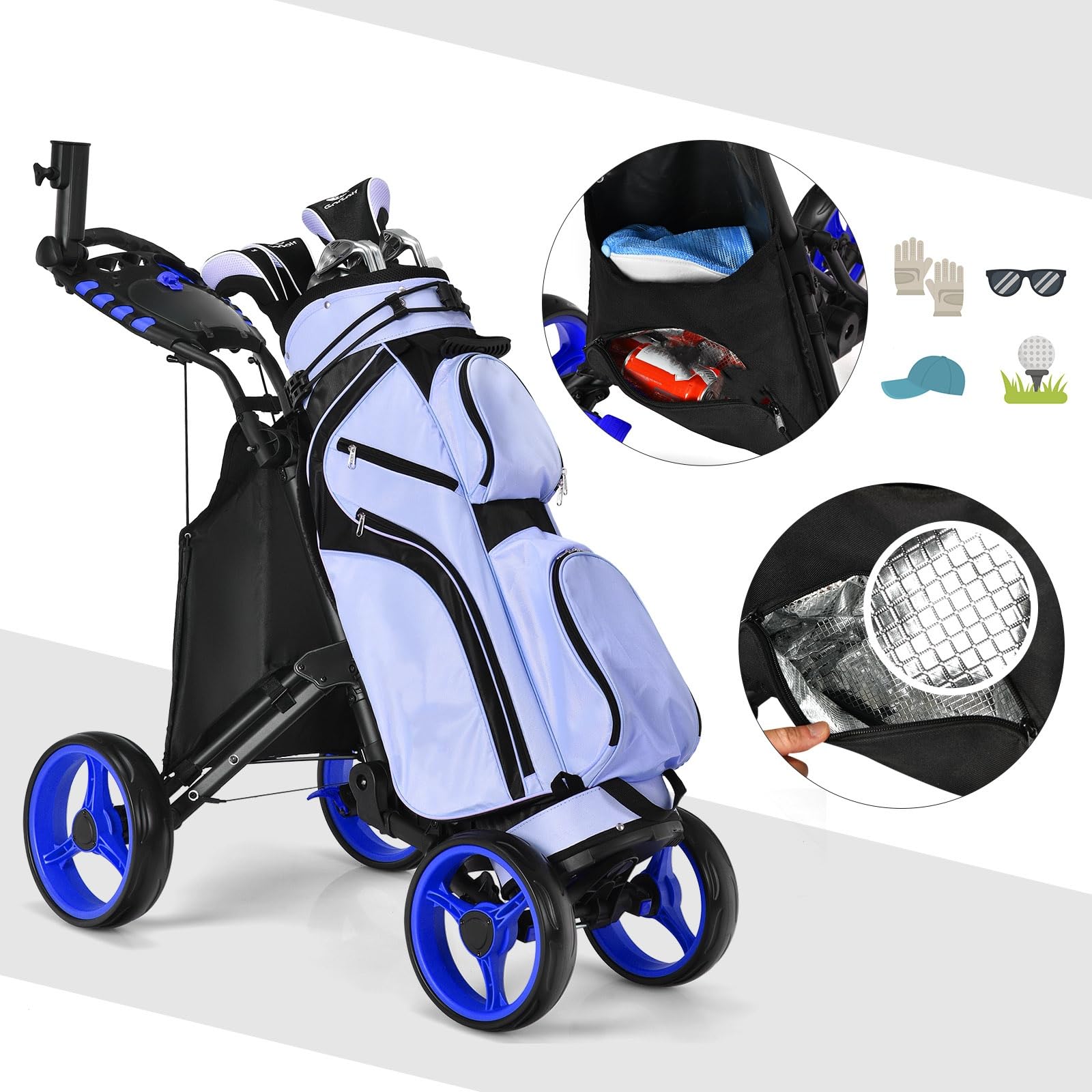 LIFEZEAL Golftrolley mit 4 Rädern, Golf Push Cart mit Fußbremse, Golfcaddy mit Aufbewahrungstasche & verstellbarem Griff, 110 x 65 x 100 cm