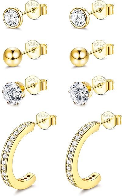 YADOCA 4Pairs Sterling Silver Stud Earrings for Women Girls, Hypoallergenic Hoop Earrings and Stud Earrings Set with Cubic Zirconia Small Cartilage Sleepers Studs Hoops Piercing Earrings