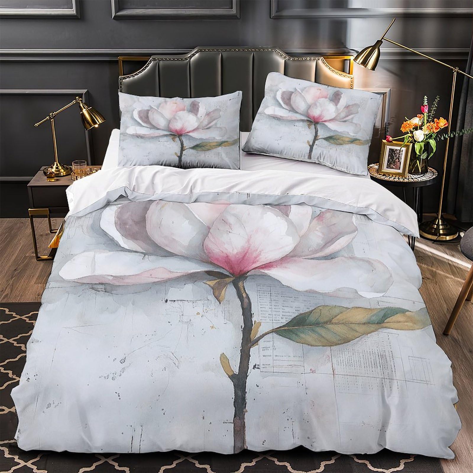 Housse de couette fleur aquarelle 140x200 parure de lit microfibre botanique ultra douce