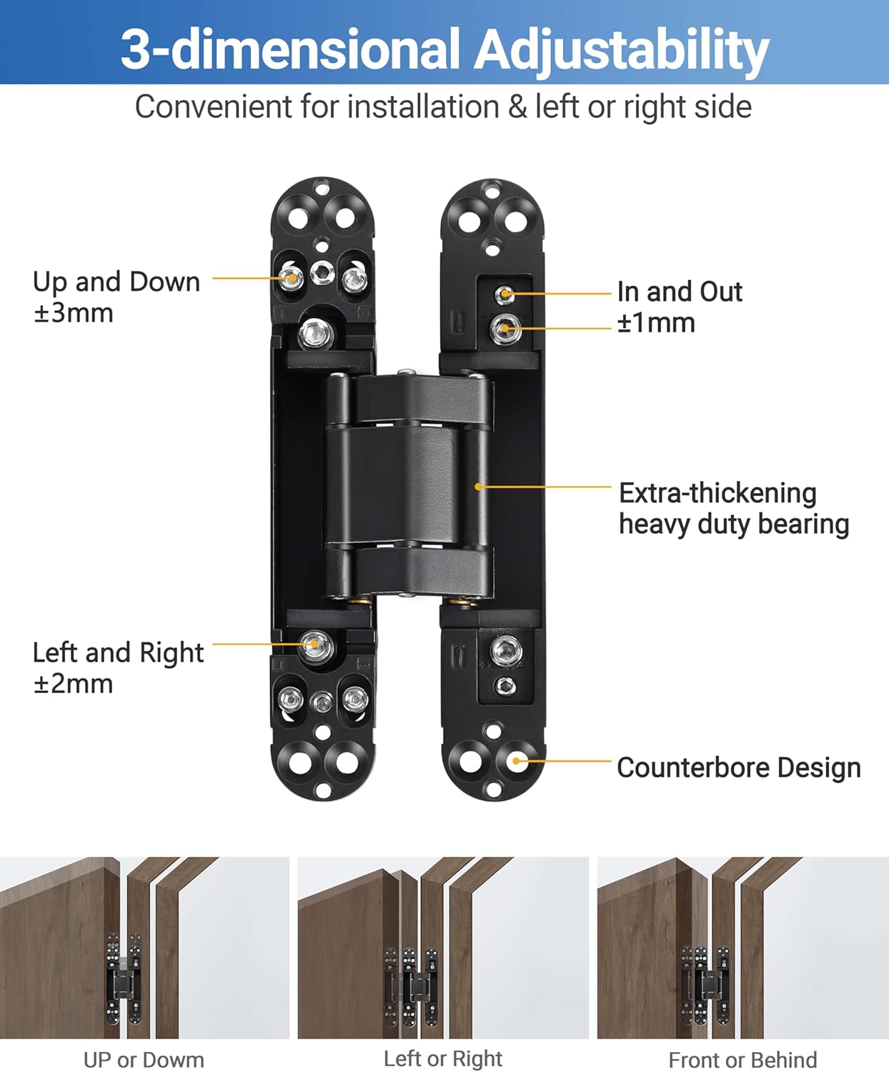 Upgraded Invisible Door Hinges (4 pcs) -6 Inch Black Hidden Hinges for Doors, 3 Way Adjustable & 180 Deg Swing & Copper Support Invisible Hinge, Heavy-Duty Concealed Door Hinges 88Lbs Load-Bearing