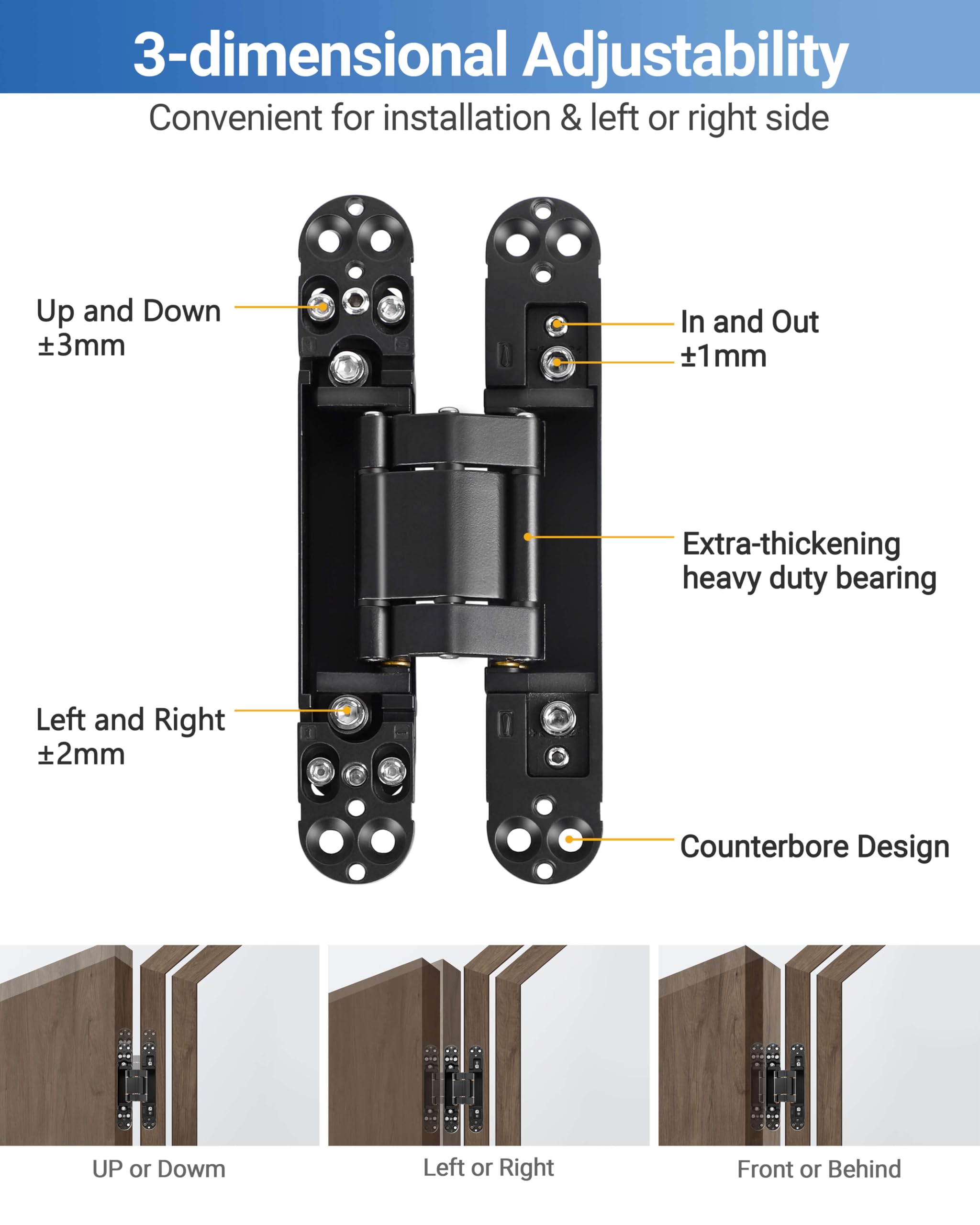 Bisagras invisibles, bisagra oculta para puerta, aleación de zinc resistente de 6 pulgadas, bisagra ajustable de 3 vías, bisagra oculta de giro de 180 grados, soporte de estructura de cobre mejorado,
