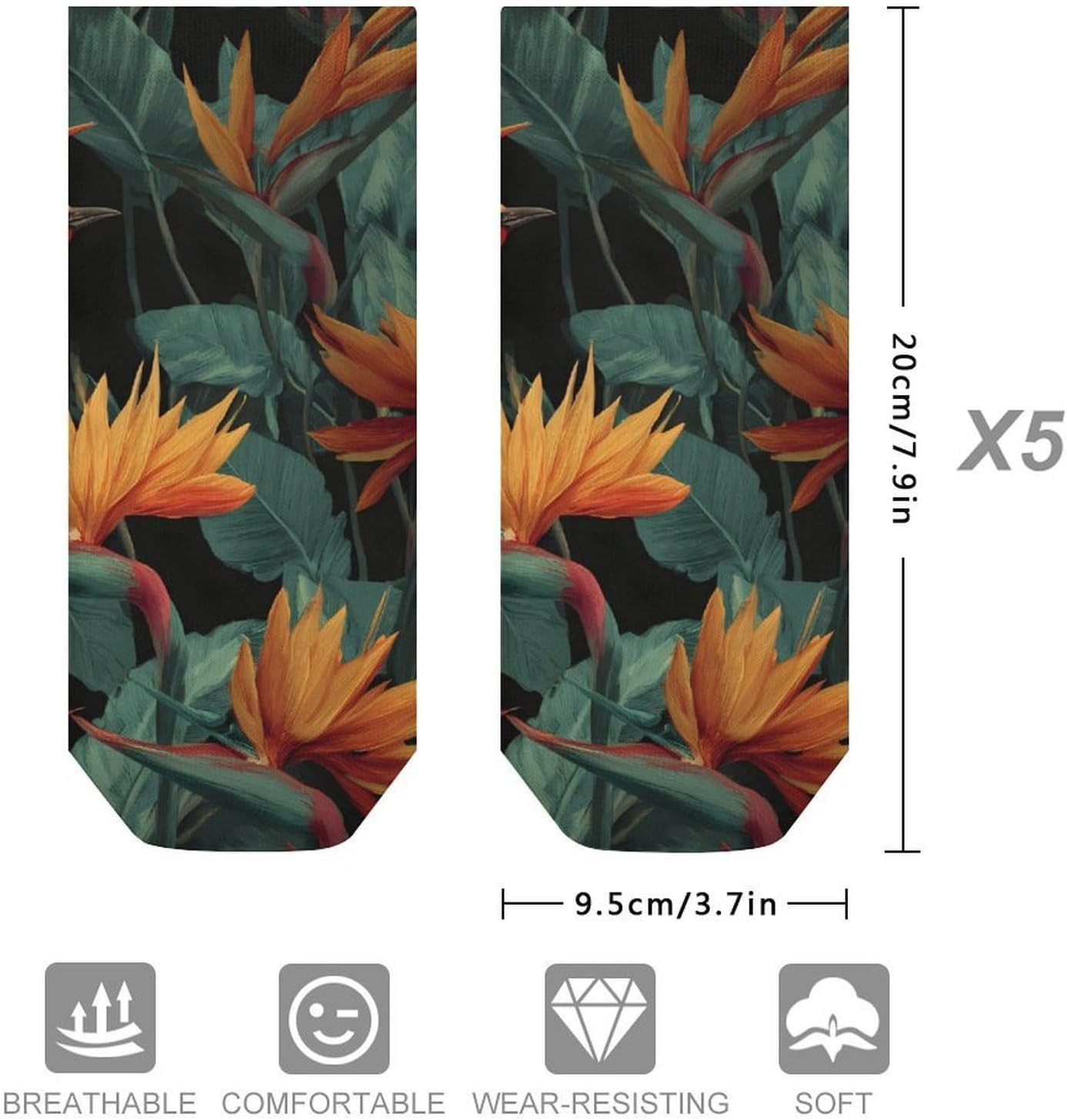Bird Strelitzia Reginae Flower No Show Ankle Socks Low Cut Non Slip Flat Boat Line 5 Pairs Set