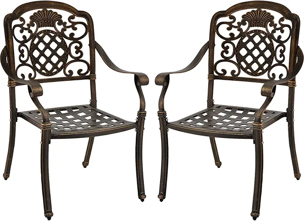 ZOTORUN Set of 2 Cast Aluminum Patio Dining Chairs, Outdoor Bistro Stackable Chairs with Armrest, Patio Chair with Adjustable Feet, for Balcony, Backyard, Garden (Bronze, Without Cushion)