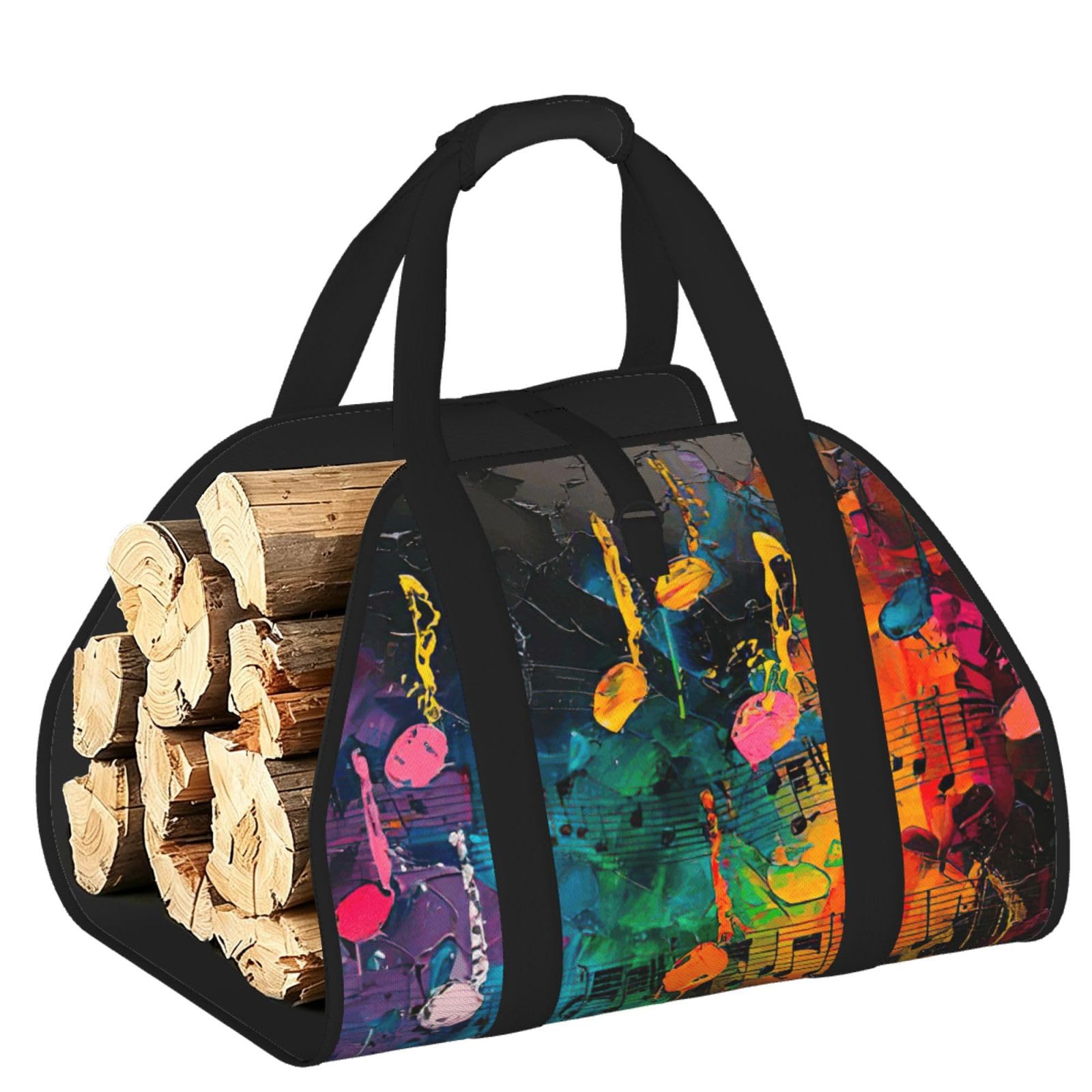 Ayyqwe Black Colorful Music Notes Print Firewood Bag Wood Waterproof Versatile Camping Picnic Storage Daily Home