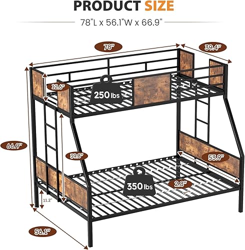 Miniatura 2 de Zevemomo Litera de tamaño individual sobre matrimonial, base de cama de metal con barandilla de seguridad, literas de estilo moderno para niños,