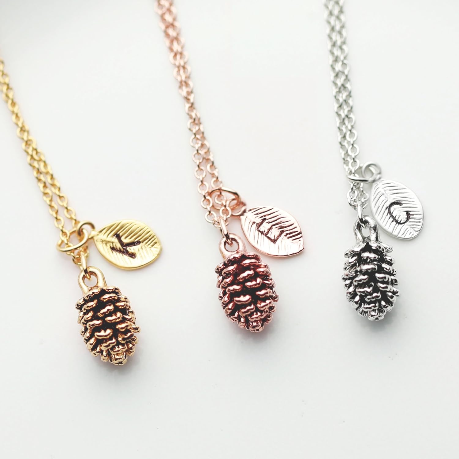 MignonandMignon Silver Dainty Pinecone Necklace Initial Necklace Nature Necklace Leaf Necklace for Her