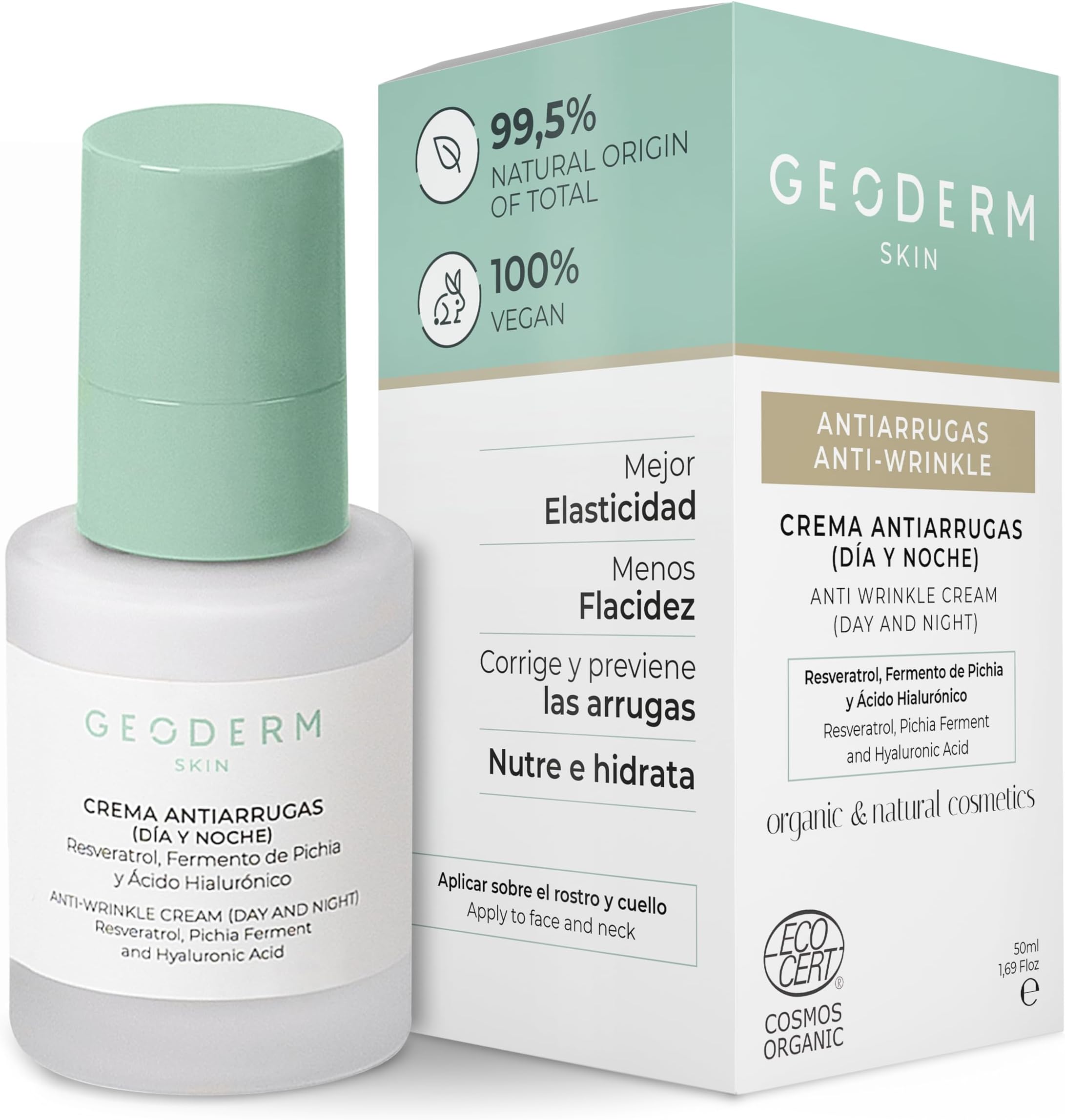 SKIN Anti-Wrinkle Cream - Treats & Prevents Wrinkles with Resveratrol, Pichia Ferment & Hyaluronic Acid, For All Skin Types, Organic & Bio, Day & Night Cream, 50ml