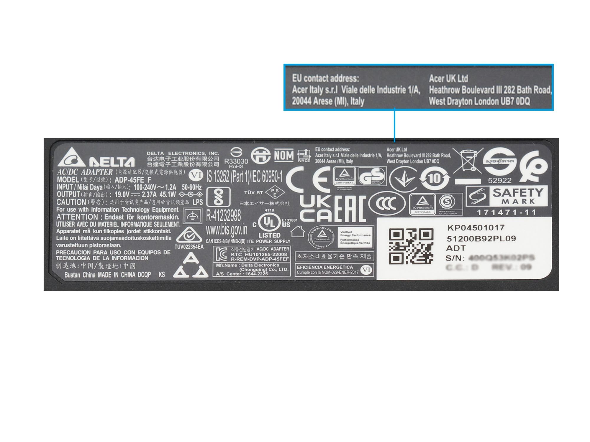 Caricabatterie Originale Acer Delta 19V 2.37A 45W Per Aspire 3 17 N23H5 – ADP-45FE F