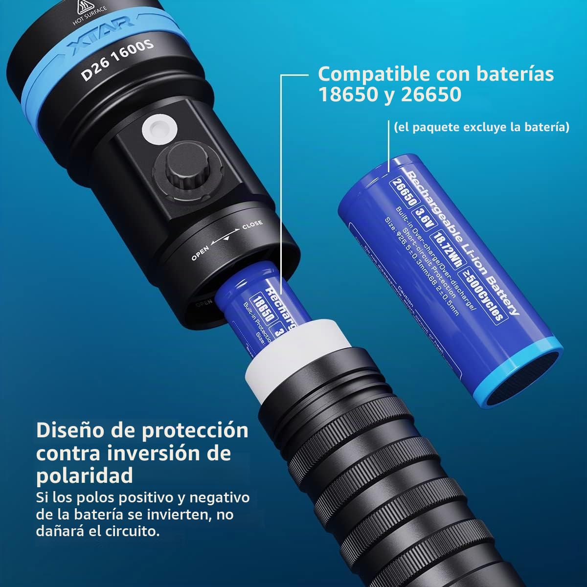 XTAR Linterna de buceo D26 1600S de 1600 lúmenes, luz de buceo, 4 modos IPX8, luces submarinas, para exploración al aire libre, deportes acuáticos (no incluye batería)