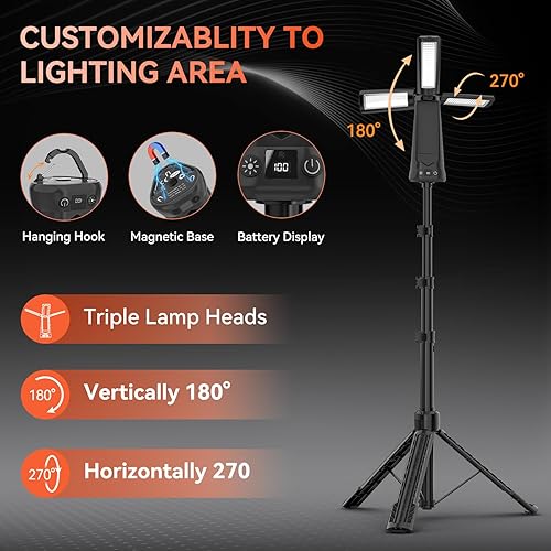 Miniatura 3 de 15000 mAh Rechargeable Camping Light with Stand, Cordless Work Light with 3 LED Lamp Heads, 5500 Lumens Dimmable Camping Essentials Gear Emergency