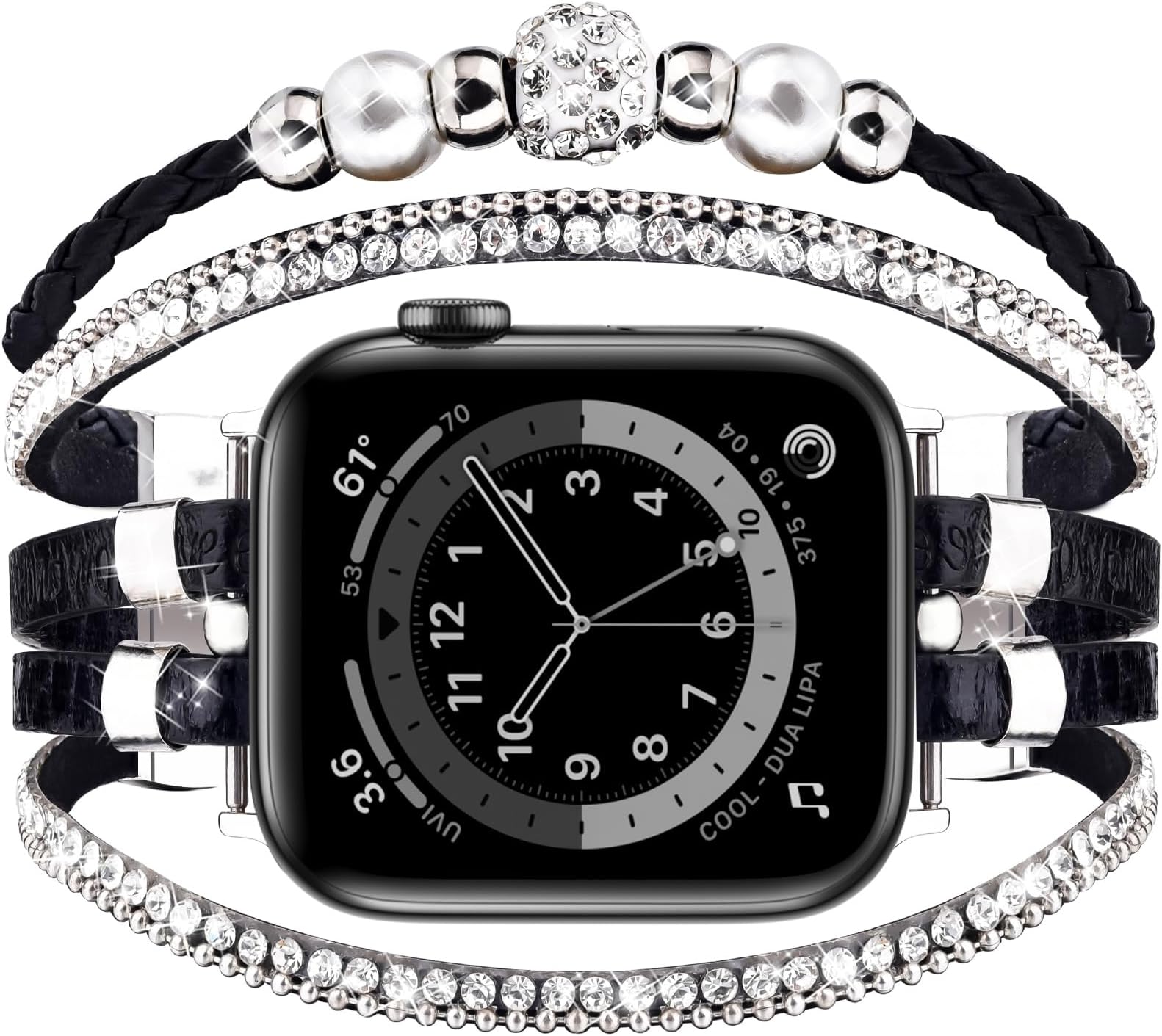 ボーホーレザーブレスレット Apple Watchバンド 42mm 44mm 45mm レディース ドレッシービーズジュエリー マルチレイヤー Apple Watchストラップラップ iWatchバンドシリーズ9 8 7 6 5 4 3 2 1 SE用 ブラック