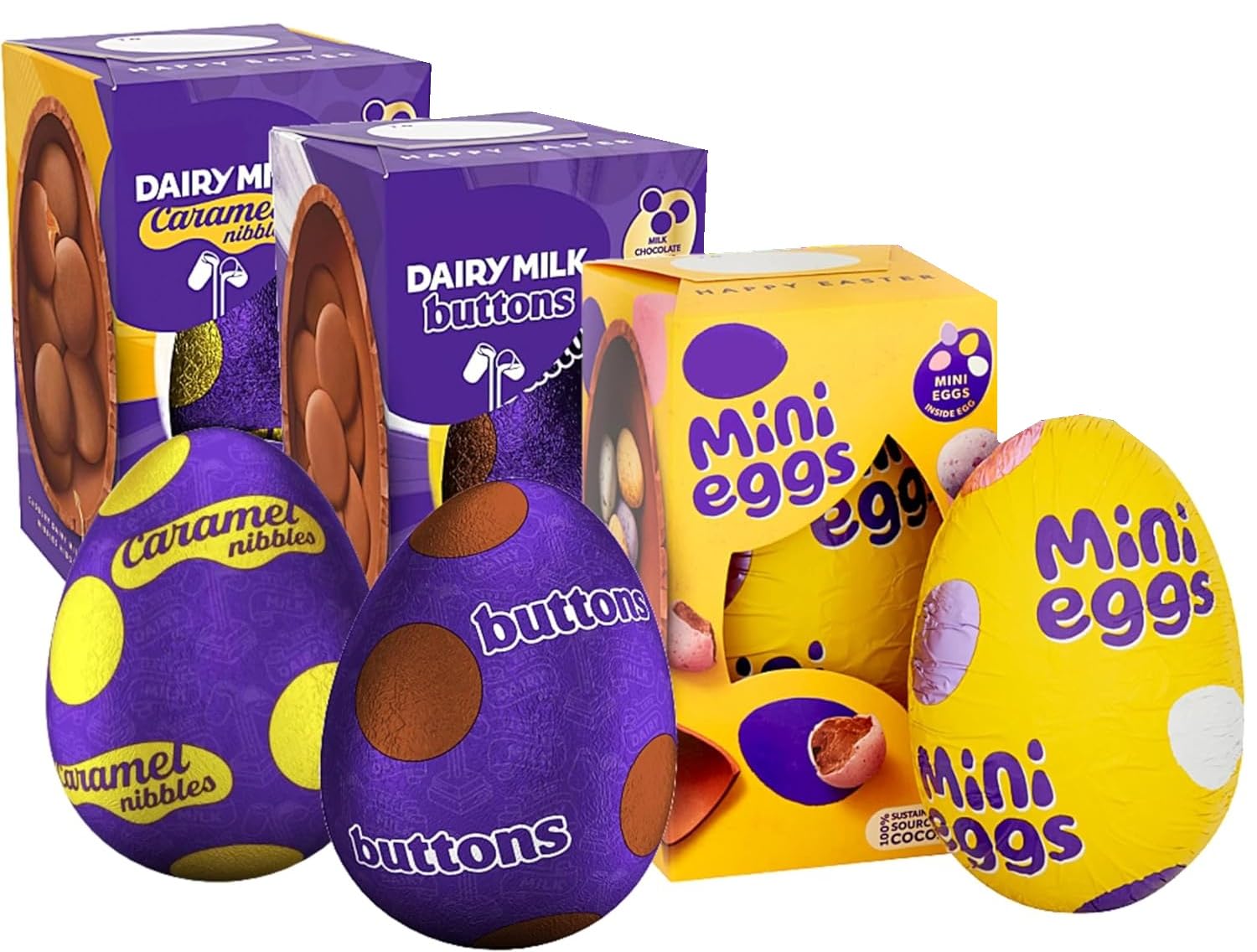 Easter Eggs Chocolate Hamper for Easter Gifts - Pack of 3 Dairy Milk Chocolate Mini Eggs 97g, Milk Buttons 98g, Caramel Nibbles 96g & Easter Colouring Book. Chocolate Gift for Kids Easter Egg Hunt