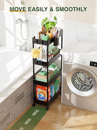 Miniatura 3 de LEHOM Carrito de almacenamiento delgado con ruedas Organizador de baño de 4 niveles, carrito de utilidad, estantes de almacenamiento deslizantes,
