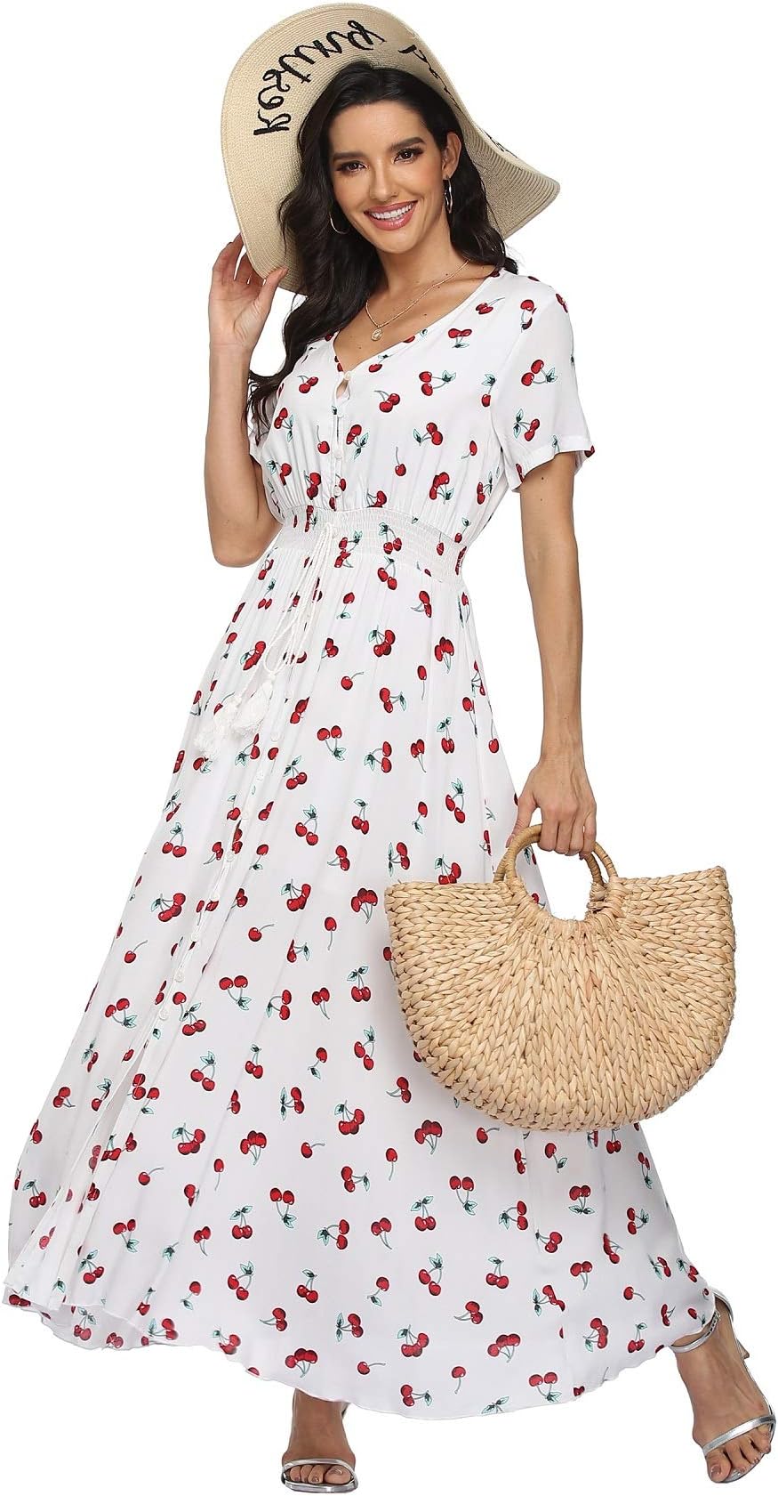 VintageClothing Women's Floral Print Maxi Dresses Boho Button Up Split Beach Party Dress