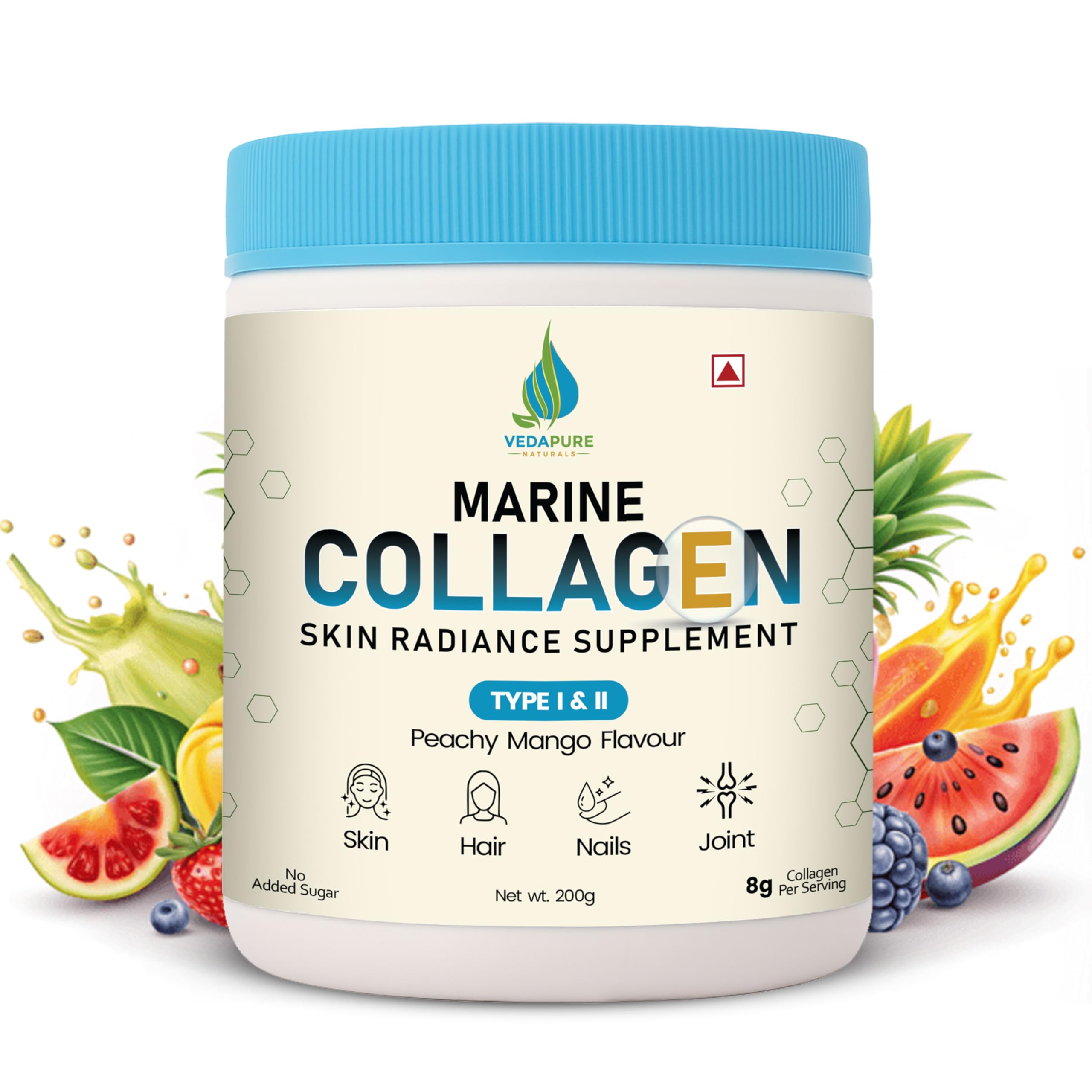 VEDAPURE Marine Collagen Supplements Powder (Peachy Mango, 200g), Skin Radiance Collagen Powder with Amino Acids, Biotin, Vitamin C & E for Men & Women, Healthy Skin, Joints, Hair & Nails