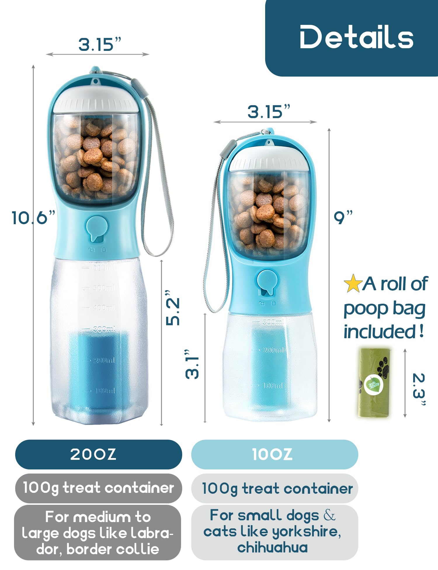 Bouteille d'eau portable pour chien, bol de voyage 3 en 1 avec récipient de nourriture et support pour sac à déjections, distributeur pour animaux de compagnie, accessoires pour l'été, la