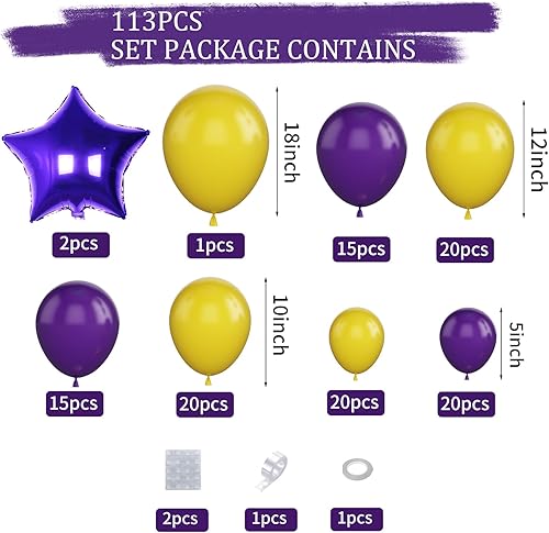 Miniatura 2 de GREMAG Globos morados y amarillos, kit de 113 piezas de guirnalda de globos morados y amarillos, con dos globos de papel de aluminio de estrella
