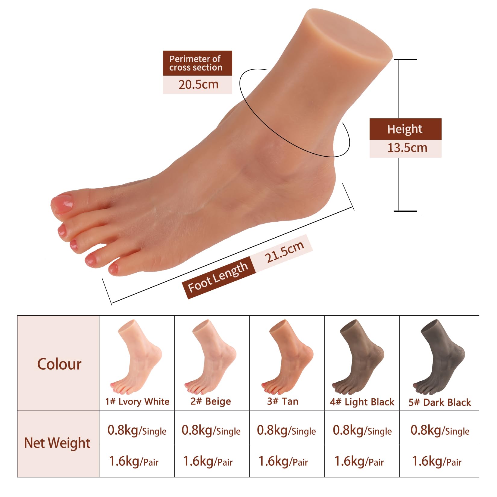 Manichino Piede Falso in Silicone Restituzione Realistica 1:1 Morbido e Flessibile Modello per Pratica Mostra Gioielli Protesi Manicure e Collezioni d'Arte (Donna, Destro, Nero Chiaro)