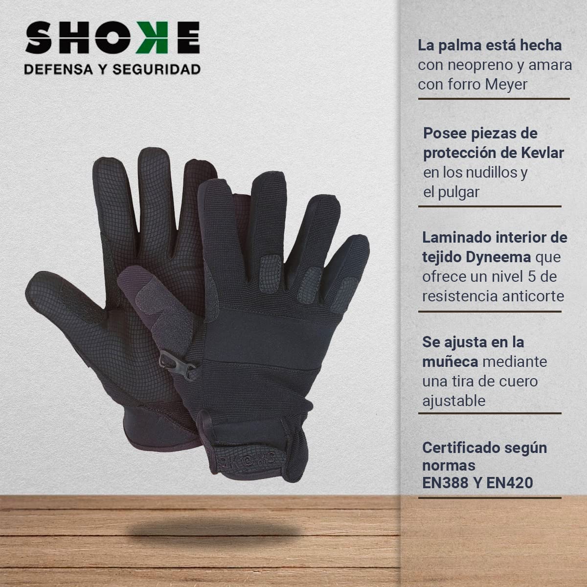 SHOKE - Guantes anticortes policiales nivel 5 - Guantes de trabajo para las Fuerzas y Cuerpos de Seguridad - Protección de kevlar en nudillos y pulgar - Resistencia al corte por cuchilla y abrasión M