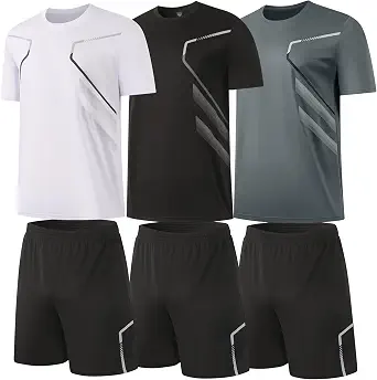 BUYJYA 3 Pack Men's Gym Shorts and Shirt Set - Workout Athletic Basketball Running Football with Pockets