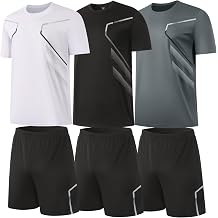 BUYJYA 3 Pack Mens Gym Shorts Shirt Set Workout Athletic Basketball Running Football Elastic Waist with Pocket Gifts