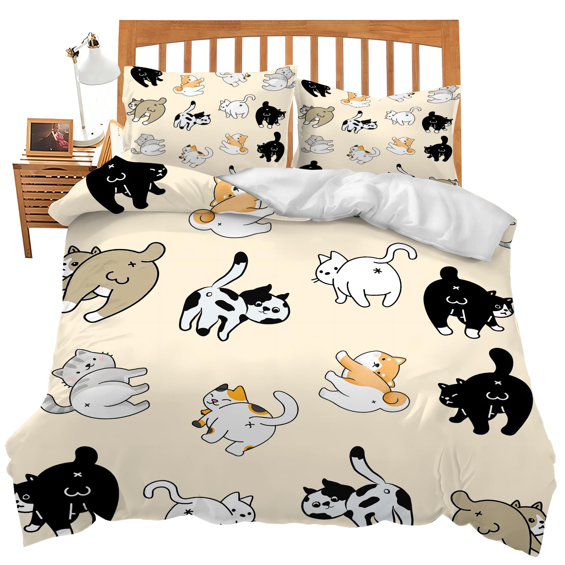 Cat Bedding Set Funny Cats Theme Comforter Set Cute Cat Duvet Cover Bedroom Decor Soft Twin Full Queen King Size Quilt Cover with 2 Pillowcases for Kids Teens Adults Women Men 90x90