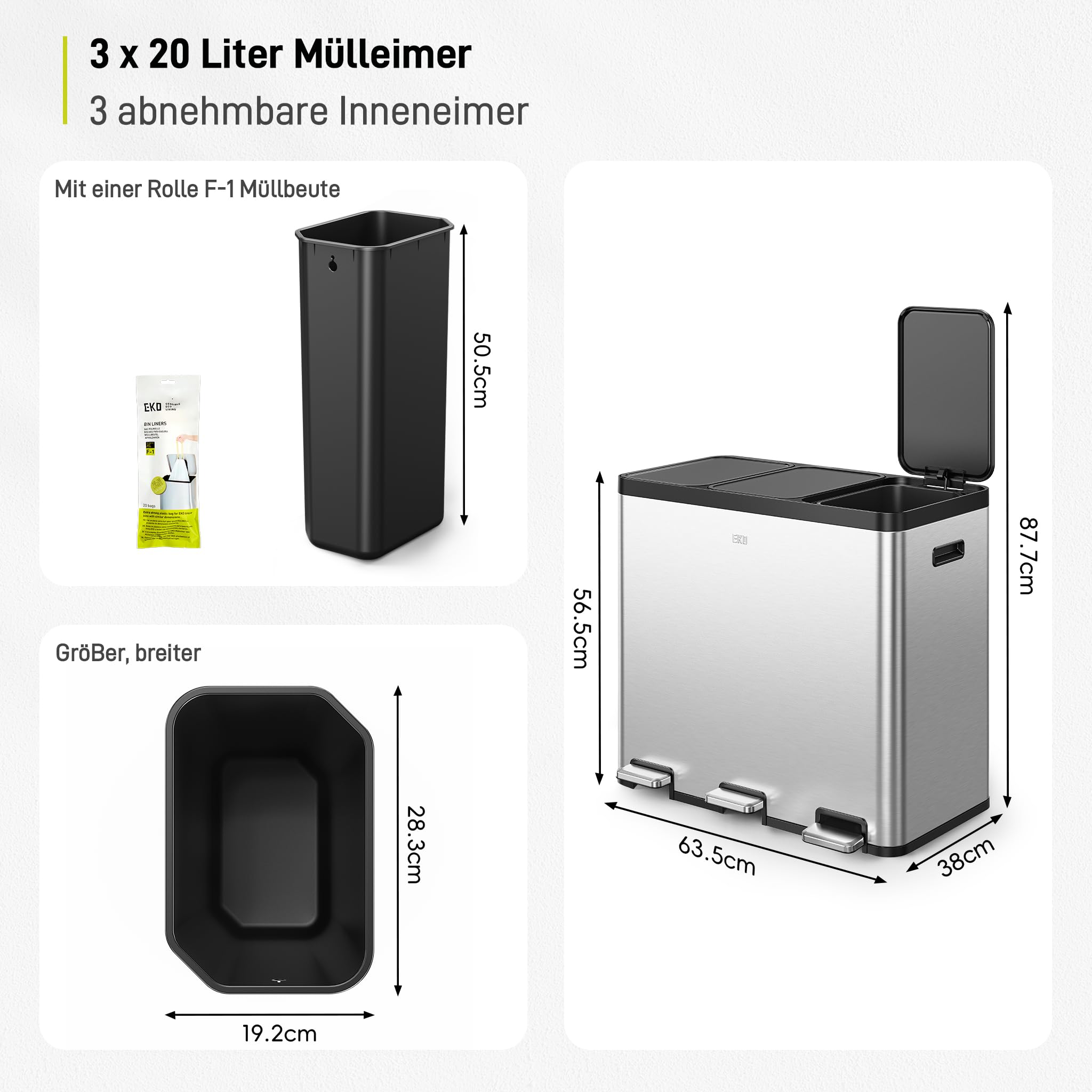EKO Essential - Pattumiera a 3 scomparti, 3 x 20 litri, sistema di raccolta differenziata, con 20 sacchi della spazzatura, con coperchio, chiusura delicata e ermetica, in acciaio inox spazzolato