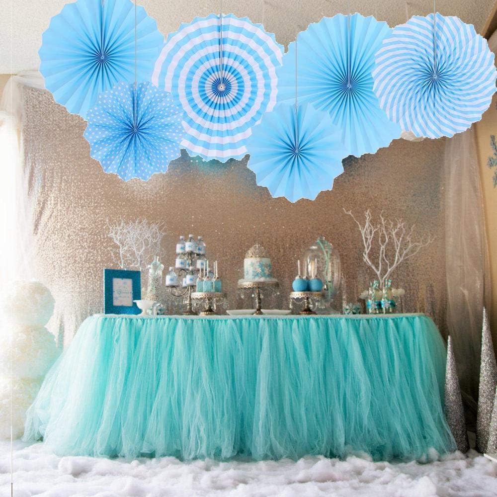 Skylofts Blue and Silver Paper Fans for Decoration (Pack of 6) for Baby Shower, Photo Booth, Backdrop, Birthday Party Decorations