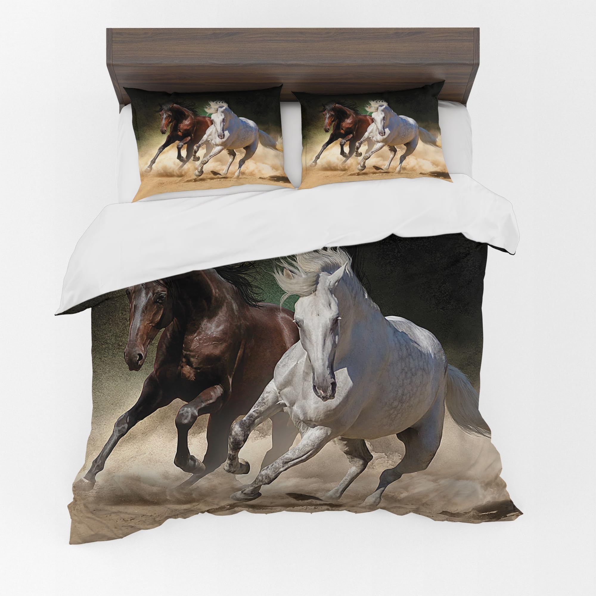 Adam Home 3D Duvet Cover Set With Pillowcases Home Bedroom Décor Digital Printed Microfiber Single Bedding Set Made in UK|Brown & White Horse