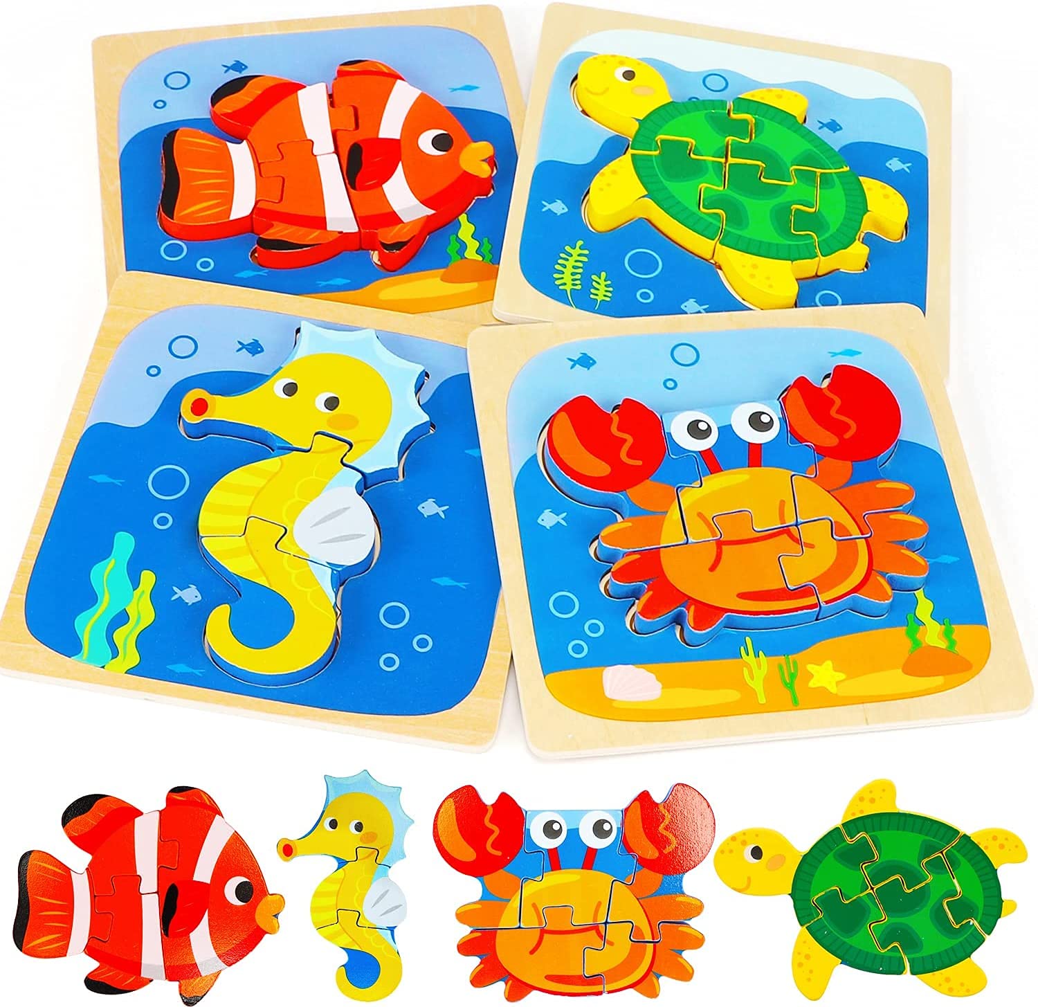 M&J&DELEE M&J Wooden Puzzles for Toddlers - Jigsaw Puzzles for Kids Ages 2-4 - Early Learning Preschool Educational Toys Gifts for Kids, Boys & Girls (4 Pack marine animals)