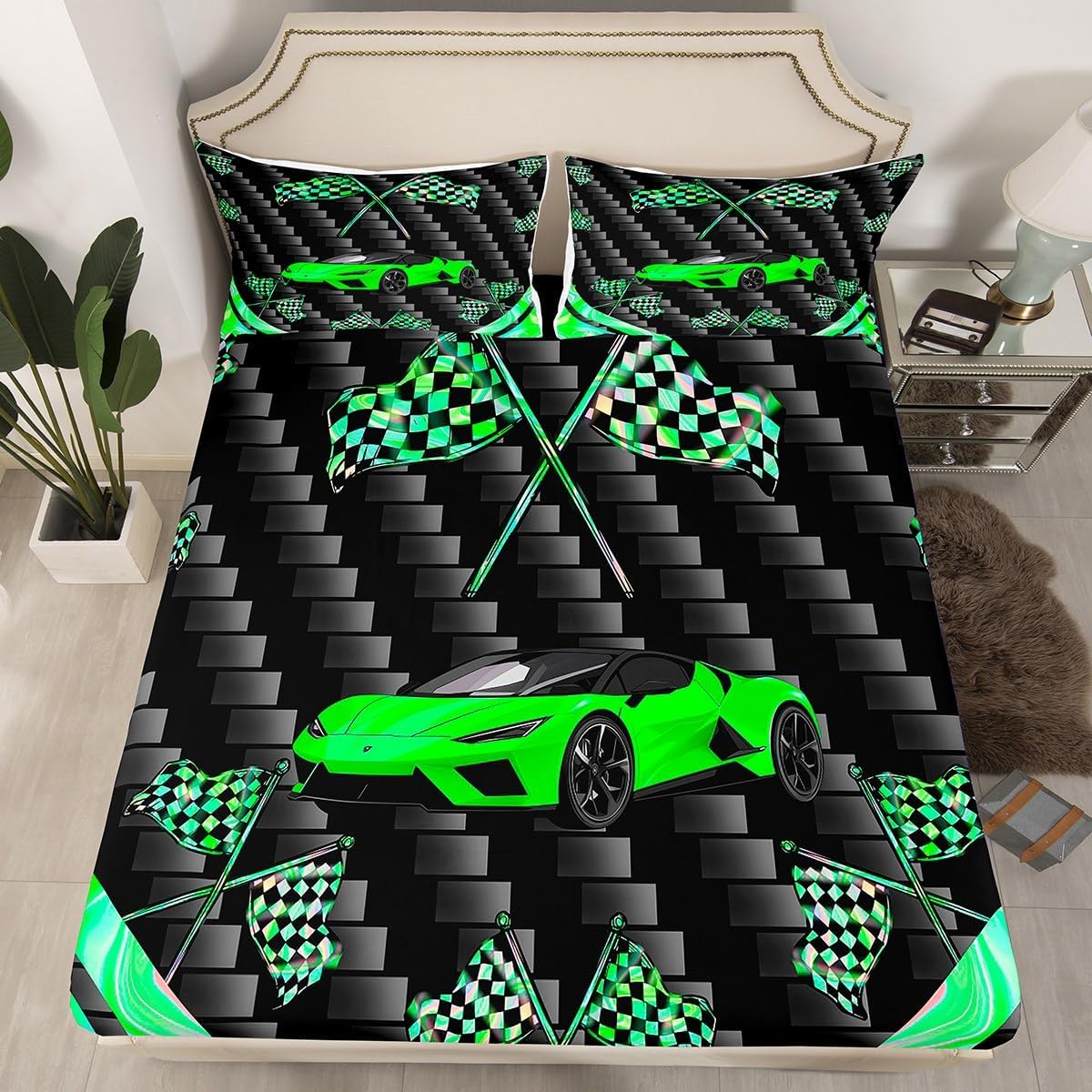 jejeloiu Green Race Car Bedding Sheets Full Size Extreme Sports Bed Sheet Set Adult Fast and Furious Fitted Sheet Dazzling Flag Bed Cover 3Pcs,1 Fitted Sheet+2 Pillow Sham（No Flat Sheet）