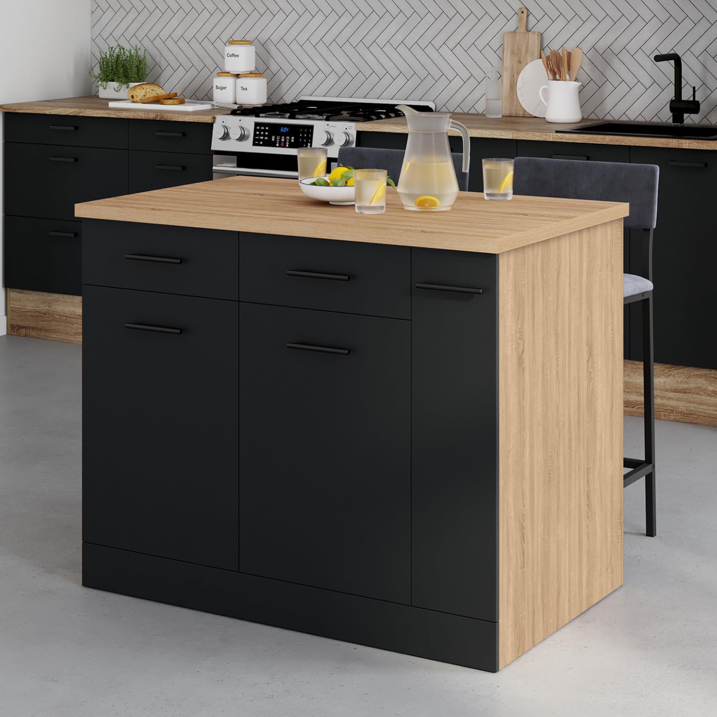 IDMarket - Ilot Central Alto Portes avec rangements, tiroirs, Rangement Coulissant et Plan de Travail façon hêtre et Noir
