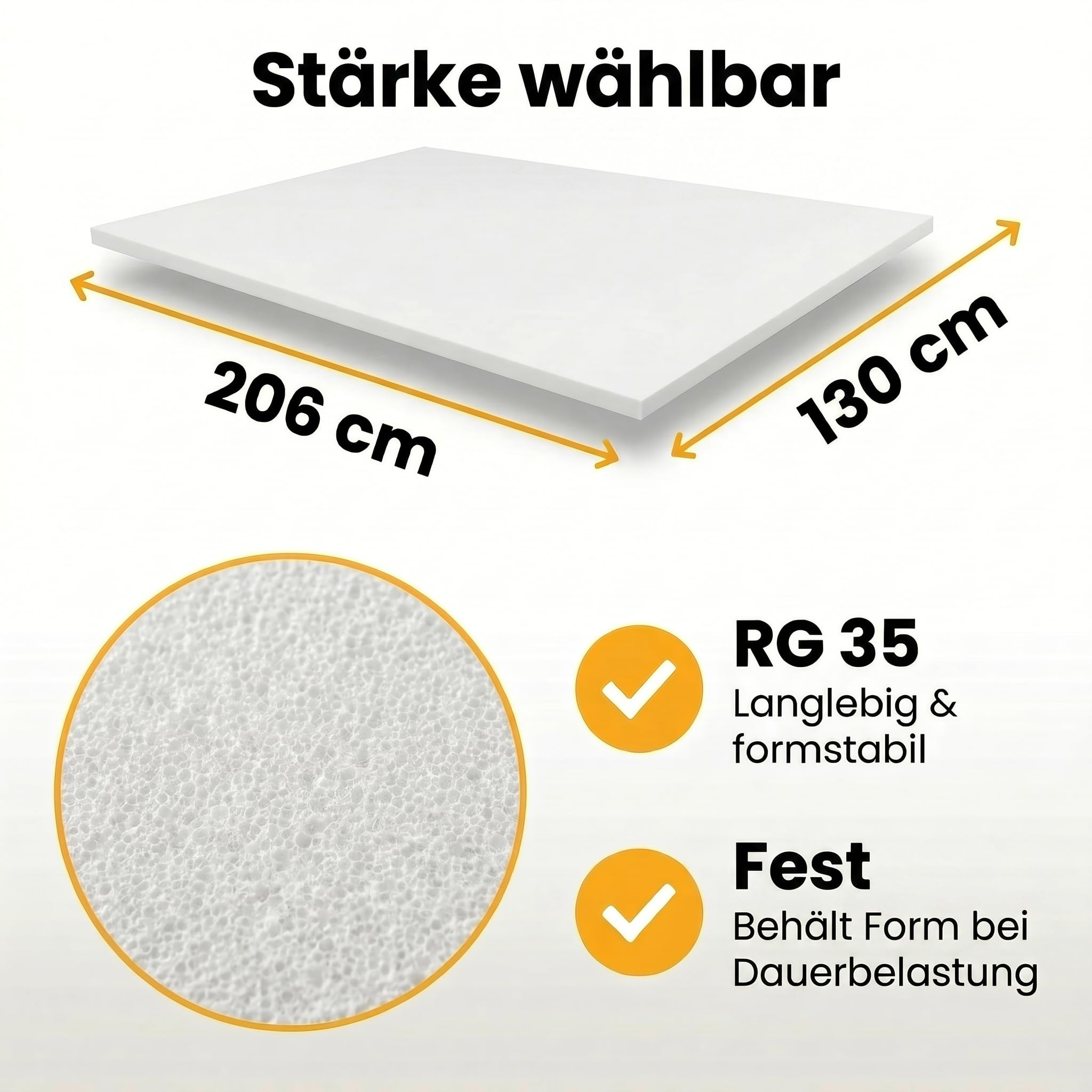 Wegerich Schaumstoffplatte - fester Polster Schaumstoff RG35/55-206x130x2 cm - für Sitzpolster/Auflagen/Sitzkissen/Bankauflagen
