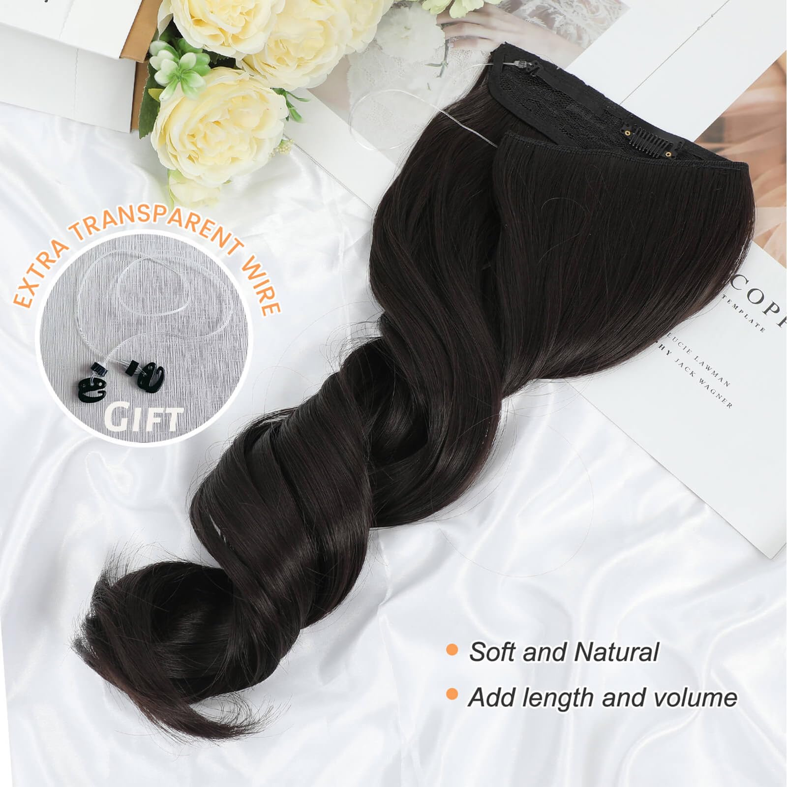 Flyroseing Deep Brown Hair Extensions, 18 Inch Body Wavy Halos Hair Extension - Image 3