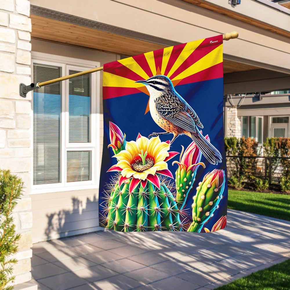 American Flag-Arizona Cactus Wren and Saguaro Cactus Blossom Flag MLN3314F, Garden Flag (11.5" x 17.5")-USA Flags Premium Polyester-Decorative Indoor Outdoor Flag