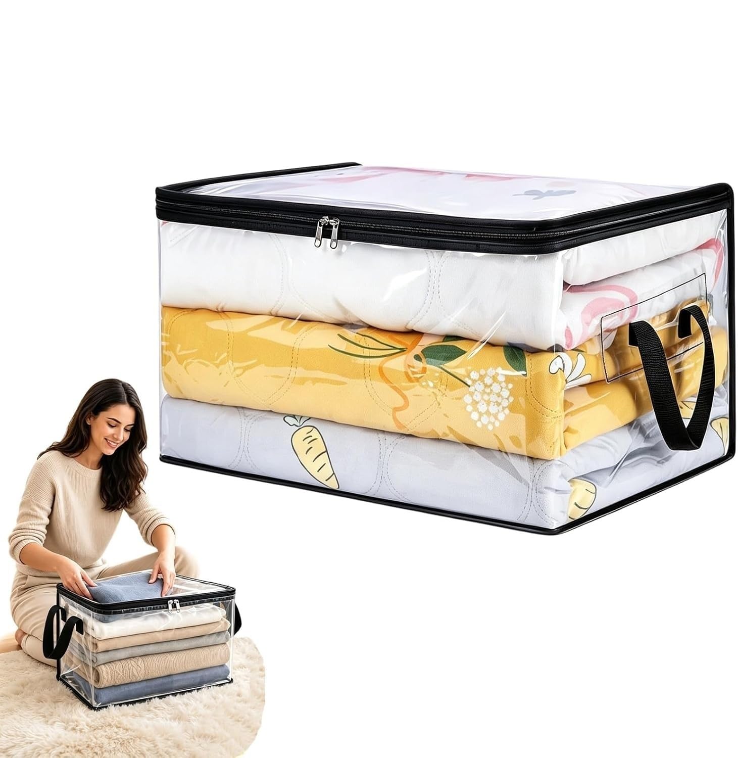 Extra Large Clear PVC Storage Bags with Zipper & Reinforced Handles, Heavy-Duty Thick Plastic Organizer Bags for Clothes, Bedding, Dorm, Moving & Camping(1pc)