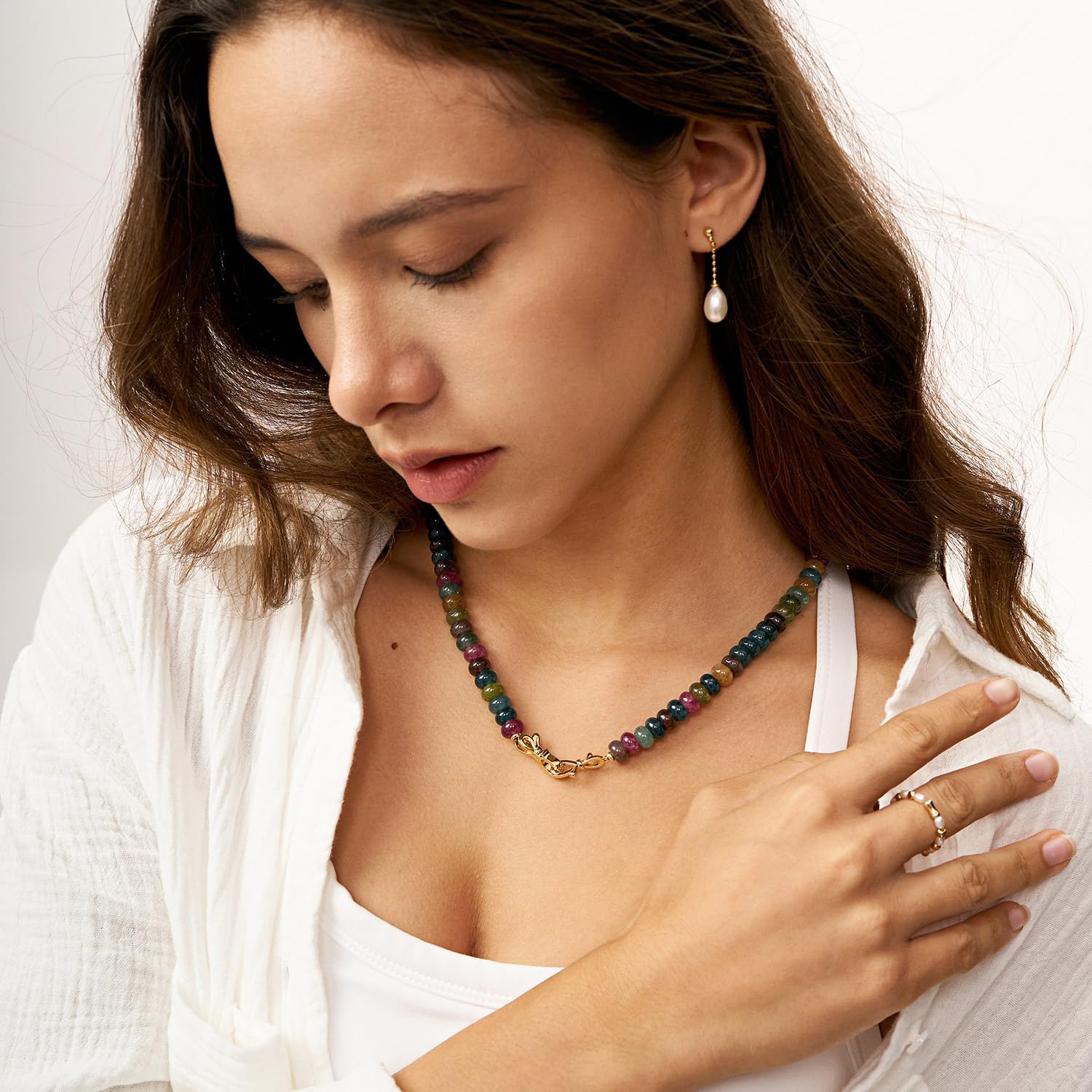 NLIEO Rainbow Colorful Gemstone Beaded Choker Necklace for Women 14K Gold Bow Birthstone Beads Chokers 18inches