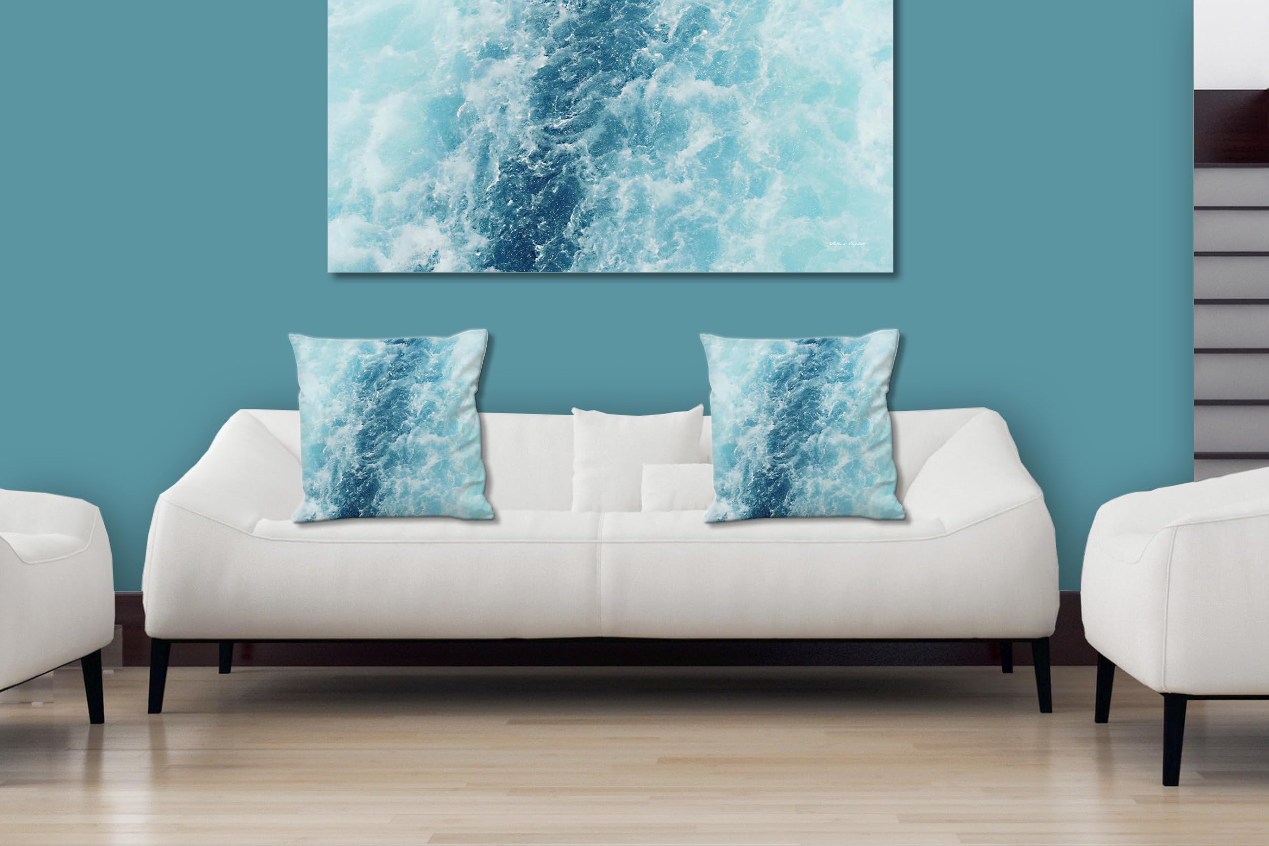Wellen 1 - Foto-Kissen-Hülle Set (2 STK.) 40 x 40 cm | Kissen-Bezüge - passend zu Wandbild - Deko-Kissen - Strand Wellen Naxos Küste türkis